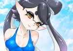  1girl bare_shoulders black_hair bow-shaped_hair breasts callie_(splatoon) cleavage closed_mouth collarbone cross-shaped_pupils gradient_hair highres inkling koharu2.5 lips medium_breasts mole mole_under_eye multicolored_hair pink_lips pointy_ears purple_hair red_pupils short_eyebrows smile solo splatoon_(series) symbol-shaped_pupils tentacle_hair two-tone_hair upper_body yellow_eyes 