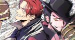  2boys beard black_hair commentary cup dracule_mihawk english_commentary facial_hair hat highres holding holding_cup male_focus multiple_boys mustache mygiorni one_piece pirate red_hair scar scar_across_eye scar_on_face shanks short_hair smile yellow_eyes 