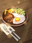  egg_(food) food food_focus fork fried_egg hamburger_steak highres knife light_particles meat napkin no_humans original plate sakurada_chihiro salad table vegetable 