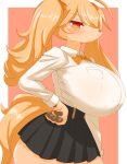  2023 annoyed anthro big_breasts black_bottomwear black_clothing black_skirt blonde_hair blush bottomwear bow_tie breasts brown_body brown_fur canid canine canis clothing domestic_dog female fur hair hi_res hikyou_takarasou looking_at_viewer mammal pawpads pigtails red_eyes simple_background skirt solo 