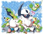  ? ?? absol berry_(pokemon) black_fur blush bright_pupils claws colored_skin evil_anaunara food green_skin highres leppa_berry musical_note no_humans open_mouth oran_berry pecha_berry pokemon pokemon_(creature) red_eyes snivy two-tone_fur white_fur white_pupils yellow_skin 