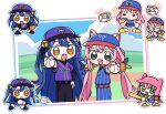  1nupool 3girls amamiya_kokoro animal_ears arm_up ball baseball baseball_(object) baseball_cap baseball_uniform bell blue_hair blue_hat blue_overalls blue_ribbon cat_ears character_request fang hair_bell hair_ornament hair_ribbon hat highres holding holding_ball jikkyou_powerful_pro_yakyuu jingle_bell long_hair low_twintails multiple_girls nijisanji open_mouth overalls pink_eyes purple_hat ribbon skin_fang smile sportswear twintails two_side_up very_long_hair virtual_youtuber yang_nari yellow_eyes 