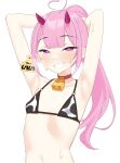  1girl absurdres ahoge animal_print armpits arms_behind_head arms_up bare_arms bare_shoulders bell bikini blush choker collarbone cow_print flat_chest grin highres horns indie_virtual_youtuber kijikoru long_hair looking_at_viewer mochi_(vtuber) neck_bell petite pink_eyes pink_hair ponytail simple_background smile solo stomach sweat swimsuit upper_body virtual_youtuber white_background 