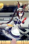  1girl alternate_costume amiya_(arknights) animal_ears arknights artist_request bangs blue_eyes brown_hair food highres ketchup long_hair maid maid_headdress official_art omurice open_mouth ponytail rabbit_ears rabbit_girl solo very_long_hair 