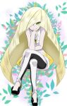  1girl bare_arms bare_shoulders blonde_hair closed_mouth commentary_request crossed_legs dress emapippi gem green_eyes green_gemstone hair_over_one_eye head_rest highres knees leggings long_hair looking_at_viewer lusamine_(pokemon) mature_female pokemon pokemon_sm shoes short_dress sitting sleeveless sleeveless_dress smile solo two-tone_legwear very_long_hair white_dress white_leggings 