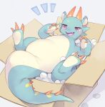  anthro blue_body container dragon erumeruta horn in_box in_container kemono lying male on_back packing_peanuts purple_eyes slightly_chubby solo spiked_tail spikes spikes_(anatomy) tan_body thick_tail young 