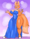  anthro big_breasts big_tail blue_clothing blue_dress breasts canid canine cleavage clothed clothing curvy_figure diane_foxington dreamworks dress ears_up female fox full-length_portrait fur geebie33 gem glistening glistening_body hi_res hip_vent holding_glass holding_object jewelry mammal navel navel_outline necklace orange_body orange_fur pearl_(gem) pearl_necklace portrait purple_background simple_background solo standing tail the_bad_guys thick_thighs wide_hips 