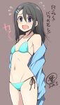  1girl aqua_bikini bikini black_hair blue_eyes blush breasts brown_background collarbone commentary_request hair_between_eyes looking_at_viewer medium_hair navel open_mouth original serebi_ryousangata side-tie_bikini_bottom simple_background small_breasts solo stomach swimsuit translated 