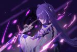  1girl acheron_(honkai:_star_rail) armor back bandaged_arm bandages black_choker black_gloves choker closed_mouth coat commentary_request electricity facing_to_the_side from_behind gloves hair_ornament holding holding_sheath holding_sword holding_weapon honkai:_star_rail honkai_(series) long_hair multicolored_hair profile purple_hair scabbard sheath sheathed shoulder_armor signature single_wide_sleeve solo streaked_hair sword upper_body weapon white_coat yemu_(pixiv_30959581) 
