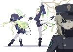  3girls absurdres arabesque_(pose) armband ballet black_tail blue_archive blue_armband commentary dancing demon_tail en_pointe eyepatch foreshortening gloves green_hair halo hat high_collar highres hikari_(blue_archive) inubusa leg_up light_brown_hair multiple_girls nozomi_(blue_archive) outstretched_arms pantyhose pantyhose_under_shorts peaked_cap pleated_skirt pointy_ears shorts siblings sidelocks sisters skirt standing standing_on_one_leg suou_(blue_archive) tail train_conductor twins uniform white_gloves white_pantyhose 