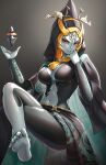  1girl barefoot breasts crossed_legs gonzarez grey_background grin hands_up highres invisible_chair large_breasts looking_at_viewer midna midna_(true) navel red_eyes sarong sitting smile solo stomach the_legend_of_zelda the_legend_of_zelda:_twilight_princess thighs v-shaped_eyebrows 