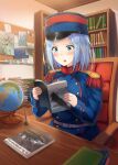  1girl blue_eyes blue_hair blue_headwear blue_jacket book book_stack bookshelf chair french_army globe hat highres holding holding_book indoors jacket karo-chan long_sleeves military military_hat military_uniform open_mouth original reading short_hair sitting solo sweat uniform world_war_i 