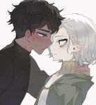  2boys bags_under_eyes black_eyes black_shirt blue_eyes blush cape closed_mouth dark-skinned_male dark_skin dungeon_meshi green_cape hand_on_another&#039;s_neck imminent_kiss kabru maratang mithrun multiple_boys shirt short_hair simple_background turtleneck turtleneck_shirt upper_body white_background white_hair yaoi 