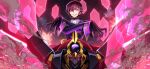  1boy artist_request ascot black_gloves black_hair black_sky coat code_geass code_geass:_lost_stories crossed_arms energy_barrier energy_shield explosion extra_eyes eye_trail game_cg geass gloves glowing glowing_eye glowing_eyes grin hair_between_eyes hands_up happy highres lelouch_vi_britannia light_trail long_sleeves looking_at_viewer male_focus mecha night non-web_source official_art outdoors purple_coat purple_eyes red_eyes robot shinkirou short_hair sidelocks sky smile smoke solo straight-on teeth underlighting upper_body v-shaped_eyebrows white_ascot zero_(code_geass) 