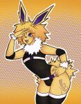 absurd_res anthro armwear big_butt blonde_hair blush butt clothed clothing collar digital_media_(artwork) eeveelution femboy fur generation_1_pokemon hair handwear hi_res jolteon legwear leotard looking_at_viewer male mammal neck_tuft neptunebunny nintendo open_mouth pokemon pokemon_(species) purple_eyes simple_background smile solo stockings tail teeth thick_tail thick_thighs thigh_highs topwear tuft wide_hips yellow_body