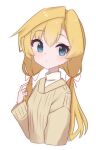  1girl abukuma_(kancolle) abukuma_(round_one_mode)_(kancolle) blonde_hair blue_eyes brown_sweater highres kantai_collection low_twintails official_alternate_costume official_alternate_hairstyle simple_background solo sweater twintails unoi upper_body white_background 