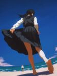  1girl barefoot beach black_dress black_hair chainsaw_man clothes_pull cloud dress dress_pull feet foot_focus full_body highres long_hair low_twintails mitaka_asa ocean outdoors pleated_dress shadow shirt sky standing twintails water white_shirt yao_liao_wang 