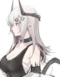  1girl arknights black_collar black_tank_top breasts cleavage collar demon_horns ear_piercing elite_ii_(arknights) grey_background grey_hair hair_ornament highres horns infection_monitor_(arknights) joshua_(shisanli934) large_breasts long_hair mudrock_(arknights) oripathy_lesion_(arknights) piercing pointy_ears profile red_eyes simple_background sketch solo tank_top upper_body 