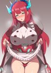  1girl apron blue_eyes blue_horns blush breasts clothes_lift dragon_girl dragon_horns dragon_tail dress duel_monster holding horns kitchen_dragonmaid large_breasts long_hair long_sleeves looking_at_viewer maid maid_apron open_mouth panties puffy_sleeves red_hair red_panties skirt skirt_lift tail u2_(u2_85269) underwear yu-gi-oh! 