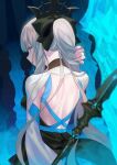  1girl aora backless_outfit black_bow blue_eyes bow fate/grand_order fate_(series) fingernails from_behind grey_hair highres holding_own_hair long_hair morgan_le_fay_(fate) nape polearm ponytail tiara weapon 