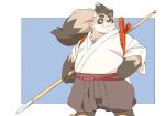  2024 anthro asian_clothing biped brown_body canid canine clothed clothing east_asian_clothing hi_res inunoshippo japanese_clothing kemono male mammal overweight overweight_male raccoon_dog simple_background solo tanuki weapon 