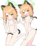  1girl absurdres animal_ear_headphones animal_ears ass bare_arms bare_legs bare_shoulders barefoot bikini blonde_hair blue_archive blush breasts cat_tail closed_mouth collarbone fake_animal_ears green_eyes green_halo groin halo headphones heart highres lattes2 midori_(blue_archive) multiple_views navel short_hair small_breasts smile swimsuit tail toes white_bikini 