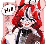  1girl absurdres ahoge animal_ears black_bow black_bowtie blue_eyes book bow bowtie dice_hair_ornament fang glasses hair_bow hair_ornament hakos_baelz hakos_baelz_(4th_costume) highres holding holding_book hololive hololive_english low_twintails mizuse_hazuki7 mouse_ears multicolored_hair red_hair streaked_hair twintails virtual_youtuber waving 