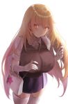  +_+ 1girl bag bangs blonde_hair blue_skirt blurry blurry_background blush breasts brown_eyes character_request commentary_request copyright_request dot_nose elbow_gloves eyebrows_visible_through_hair eyes_visible_through_hair feet_out_of_frame gloves hair_between_eyes handbag highres long_hair looking_at_viewer looking_to_the_side pleated_skirt saise_chisa short_sleeves sidelocks simple_background skirt solo star_(symbol) thick_thighs thighhighs thighs tsurime very_long_hair white_background white_gloves wing_collar zettai_ryouiki 