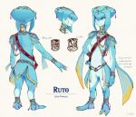  1girl anklet blue_skin bracelet character_sheet collar colored_skin fins fish_girl gills jewelry luisa_rafidi princess_ruto redesign smile standing the_legend_of_zelda the_legend_of_zelda:_breath_of_the_wild zora 