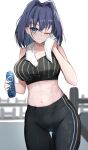  1girl bangs black_pants black_sports_bra blue_eyes blue_hair blush bottle breasts closed_mouth commentary cowboy_shot english_commentary english_text eyebrows_visible_through_hair hair_between_eyes hair_intakes highres holding holding_bottle holding_towel hololive hololive_english large_breasts looking_at_viewer medium_hair midriff navel one_eye_closed ouro_kronii pants shuuzo3 solo split_mouth sports_bra standing sweat thigh_gap towel towel_around_neck virtual_youtuber wiping_sweat 