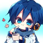  1boy :t blue_eyes blue_hair blush chibi cup eating gradient_background headphones holding holding_cup jacket kaho_0102 kaito_(vocaloid) long_sleeves male_focus popped_collar scarf short_hair solo vocaloid 