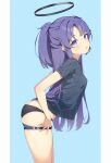  1girl :o absurdres ass black_panties black_shirt blue_archive blue_buruma blue_eyes blush breasts buruma buruma_pull clothes_pull commentary half_updo halo highres leaning_forward long_hair looking_at_viewer looking_to_the_side ninoppu official_alternate_costume panties pillarboxed purple_hair shirt simple_background small_breasts solo two-tone_background underwear very_long_hair yuuka_(blue_archive) yuuka_(track)_(blue_archive) 