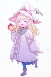  1girl akisame_rizu apple blonde_hair blue_pantyhose closed_eyes coat commentary_request diabellze_the_original_sinkeeper duel_monster food fruit full_body hat holding holding_food holding_fruit long_hair open_mouth pantyhose risette_of_the_white_woods smile solo white_coat white_hat witch witch_hat yu-gi-oh! 