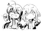  2boys ^_^ ahoge chibi clenched_hand closed_eyes collared_shirt cropped_torso holding_hands honebami_toushirou male_focus mizuhara_aki monochrome multiple_boys namazuo_toushirou open_mouth ponytail shirt smile touken_ranbu 