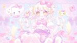 1girl :o blonde_hair blush book bow cogimyun commentary_request double_bun dress gloves hair_bun hands_up heart highres himetsuki_luna holding holding_wand knees_together_feet_apart long_hair magical_girl pantyhose parted_lips pink_bow pink_dress purple_bow ringlets sanrio twintails very_long_hair wand white_gloves white_pantyhose yellow_eyes 
