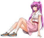  1girl beatmania_iidx breasts full_body goli_matsumoto hair_between_eyes long_hair medium_breasts mizushiro_celica official_art open_mouth pink_eyes pink_hair shoes sidelocks skirt sneakers solo twintails 