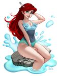  1girl alternate_costume ariel_(disney) blue_eyes bow breasts casual_one-piece_swimsuit commission disney feet_out_of_frame hand_in_own_hair highres jackary lipstick makeup one-piece_swimsuit red_hair rock sitting sitting_on_rock smile splashing swimsuit thighs water 