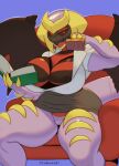  absurd_res anthro big_breasts book bottomwear breasts clothed clothing female genitals giratina hi_res juzztie legendary_pok&eacute;mon nintendo nipples no_underwear pok&eacute;mon pok&eacute;mon_(species) pussy sitting skirt solo video_games 