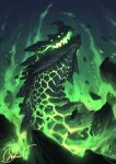  animal_focus debris dragon extra_eyes fire from_side glowing glowing_eyes glowing_mouth green_eyes green_fire highres masterpiecegold monster no_humans open_mouth original scales sharp_teeth signature solo teeth 
