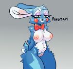  anthro belly big_breasts blue_body blush bow_tie breasts eyeshadow female five_nights_at_freddy&#039;s five_nights_at_freddy&#039;s_2 genitals green_eyes half-closed_eyes hands_behind_back hi_res inverted_nipples lagomorph leporid looking_at_viewer makeup mammal multicolored_body narrowed_eyes navel nipples parazari purple_eyeshadow pussy rabbit scottgames small_waist solo thick_thighs toy_bonnie_(fnaf) two_tone_body 
