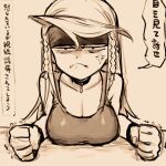  1girl anger_vein angry berit_(eisu) braid breast_rest breasts breasts_on_table choker cleavage clenched_hands eisu_(eith) furious hair_between_eyes headband highres large_breasts long_hair monochrome original simple_background sketch squinting swept_bangs tank_top translated twin_braids wristband 