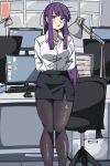  1girl arms_behind_back black_pantyhose blush breasts chair desk_lamp fern_(sousou_no_frieren) highres lamp long_hair looking_at_viewer monitor mouse_(computer) office_lady open_mouth pantyhose pencil_skirt perutore purple_eyes purple_hair skirt solo sousou_no_frieren 