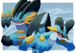  border commentary_request fang grey_background highres mega_pokemon mega_swampert no_humans open_mouth outside_border pokemon pokemon_(creature) shiny shiny_skin signature skin_fang smile swampert tanpakuroom tongue white_border 