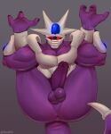  3_toes absurd_res anus armor balls butt butt_focus cooler_(artistissues/emoluna) feet foreskin gem genitals hi_res humanoid long_tail male male/male muscular muscular_male nails not_furry pecs penis purple_body purple_penis red_eyes shy snaftfc solo toes vein 