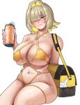  1girl :3 absurdres arapanchi arm_behind_back bag bikini blonde_hair blush breasts can collarbone colored_inner_hair elegg_(nikke) eyepatch_bikini goddess_of_victory:_nikke hair_intakes hair_over_eyes highres holding holding_can large_breasts lips long_bangs looking_at_viewer multicolored_hair navel o-ring o-ring_bikini short_hair shoulder_bag simple_background sitting skindentation smile solo sweat swimsuit thigh_strap upright_ahoge white_background yellow_bikini 