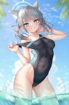  1girl animal_ear_fluff animal_ears ass_visible_through_thighs blue_archive blue_halo blue_sky breasts bright_pupils cloud competition_swimsuit contrapposto covered_navel day extra_ears grey_hair halo highleg highleg_swimsuit highres kep_(ahokep) md5_mismatch medium_breasts mismatched_pupils ocean official_alternate_costume one-piece_swimsuit outdoors revision shiroko_(blue_archive) shiroko_(swimsuit)_(blue_archive) sky smile solo swimsuit thighs twintails wading wet white_pupils wolf_ears 