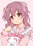  1girl brown_hair commentary dot_nose frilled_ribbon frilled_sailor_collar frills hair_between_eyes hair_down hair_ribbon heart highres light_blush long_hair long_sleeves looking_at_viewer murosaki_miyo official_alternate_costume onii-chan_wa_oshimai! pink_background pink_sailor_collar puffy_long_sleeves puffy_sleeves red_eyes ribbon sailor_collar shin_(ustir7) simple_background smile solo stuffed_animal stuffed_toy teddy_bear v 