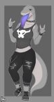  absurd_res almy anthro azzie black_clothing blue-tongued_skink blue_tongue boots choker claws clothing devil_horns_(gesture) female footwear gesture hi_res jewelry lizard necklace reptile scalie skink solo tongue 