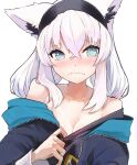  :s @_@ animal_ear_fluff animal_ears aqua_eyes black_hairband black_shirt blue_jacket breasts choppy_bangs cleavage clothes_pull crossed_bangs embarrassed fox_ears hairband hashtag-only_commentary highres hololive jacket light_blush medium_hair nyucha off_shoulder open_clothes open_jacket shirakami_fubuki shirakami_fubuki_(loungewear) shirt shirt_pull sidelocks simple_background unzipped upper_body virtual_youtuber white_background white_hair 