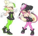  2girls :d :o ankle_boots bare_shoulders black_dress black_footwear black_hair black_jumpsuit blush boots bow-shaped_hair breasts callie_(splatoon) cleavage collar commentary_request detached_collar dress earrings fangs full_body gloves gradient_hair green_hair green_pantyhose highres inkling jewelry jumpsuit long_hair marie_(splatoon) medium_breasts medium_hair mole mole_under_eye multicolored_hair multiple_girls open_mouth orange_pupils pantyhose pero_(pero7762) pink_hair pink_pantyhose pointy_ears short_jumpsuit simple_background smile splatoon_(series) splatoon_1 star-shaped_pupils star_(symbol) strapless strapless_dress suction_cups swept_bangs symbol-shaped_pupils tentacle_hair twintails two-tone_hair very_long_hair white_background white_collar white_gloves white_hair yellow_eyes 